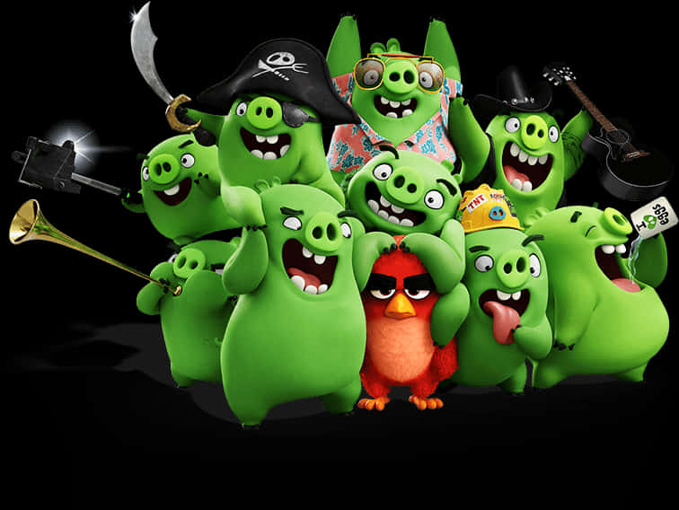 Angry Birds 桌布 壁紙 — 一群綠色卡通豬穿著海盜和搖滾明星服裝，圍著一隻紅色憤怒鳥，背景為黑色。