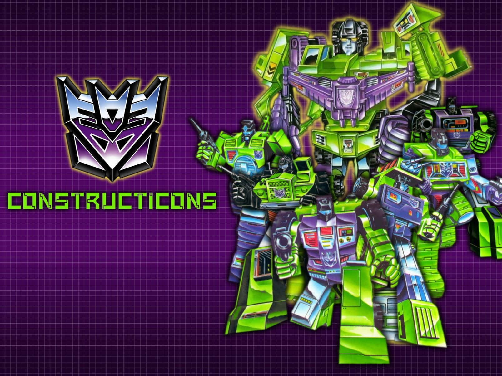 Cartoon Robot 桌布 壁紙 — 一群綠色和紫色的 Decepticon Constructicons 以動態姿勢站在紫色網格背景前，並顯示其標誌和名稱。