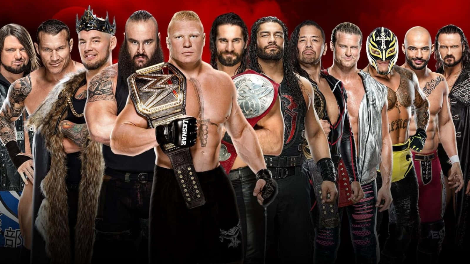 WWE 桌布 壁紙 — 一群肌肉發達的WWE摔角手身穿冠軍裝備，在火紅背景前自信擺姿勢。
