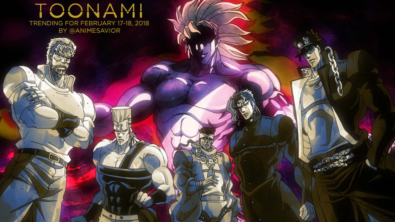 Pillar Men 桌布 壁紙 — 一群肌肉發達的動漫角色，帶有戲劇性的燈光和充滿活力的紫紅色背景。