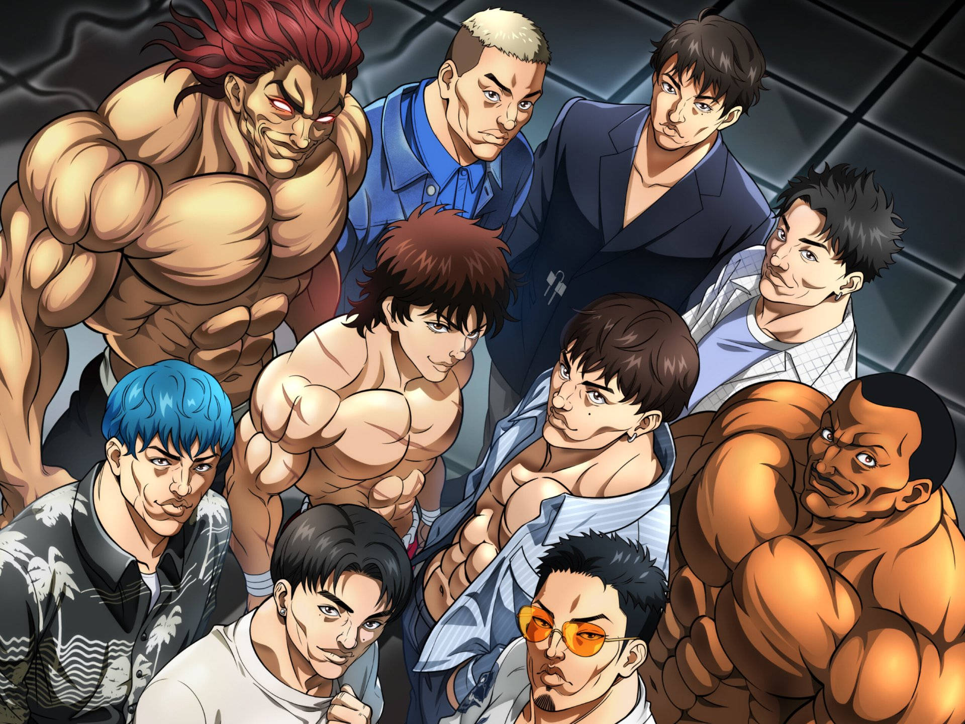 Baki 桌布 壁紙 — 一群肌肉發達的動畫男性，帶著強烈的表情和多樣的髮型，在粗糙的城市環境中一起擺姿勢。