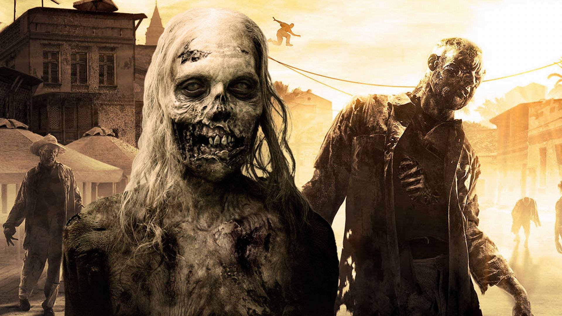 Dying Light 桌布 壁紙 — 一群腐爛的殭屍在陽光明媚的廢墟城市街道上徘徊，建築物搖搖欲墜，上方有一條電線上的孤獨身影。