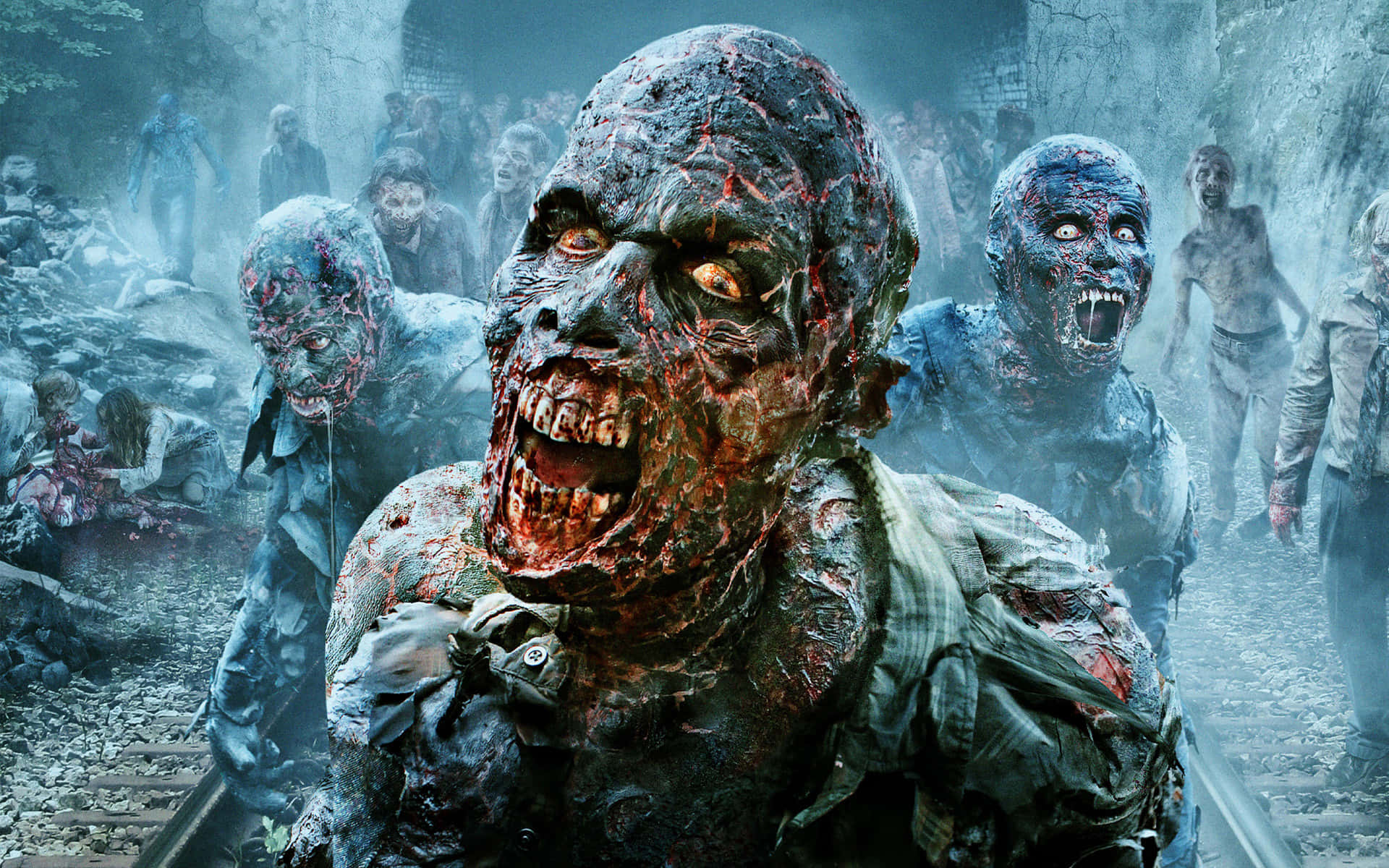 Scary Zombie 桌布 壁紙 — 一群腐肉發光眼睛的怪誕喪屍，穿過破敗的城市小巷洶湧前進。