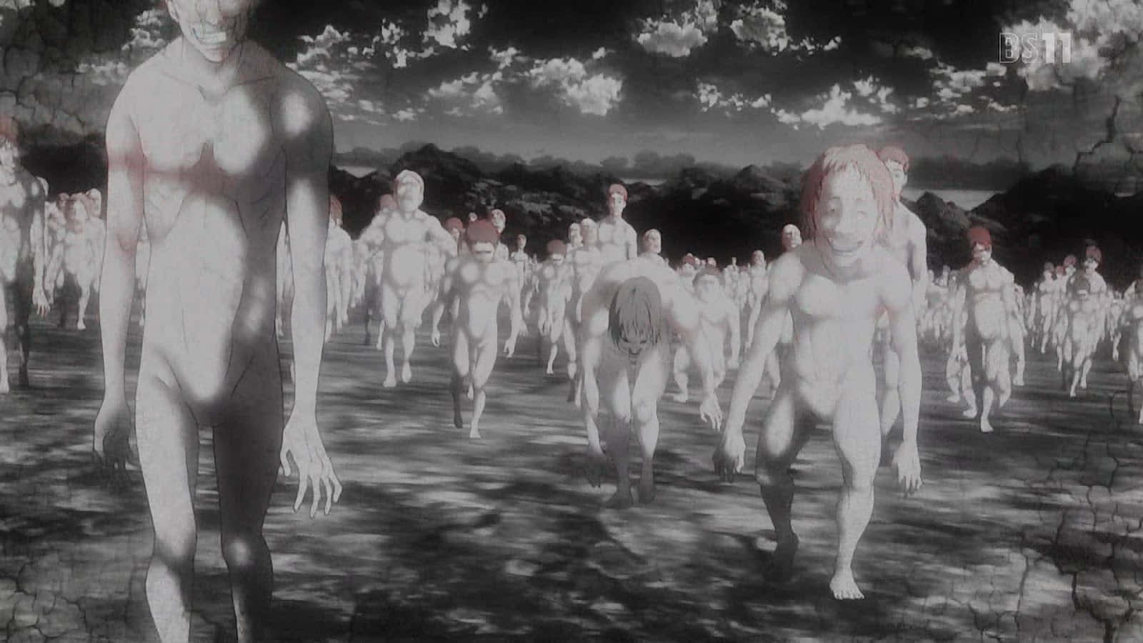 Giant Creatures 桌布 壁紙 — 一群臉部扭曲的巨型人形生物在多雲的天空下穿越龜裂的大地。