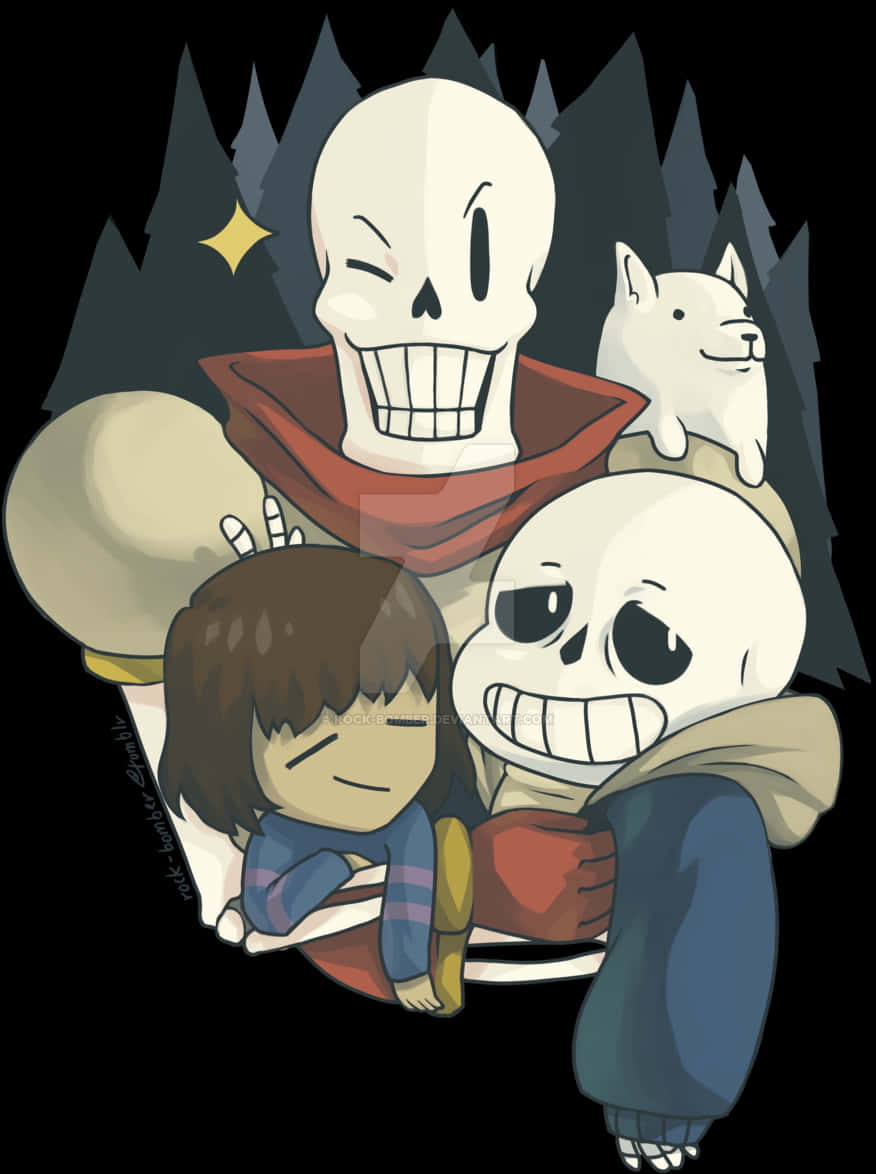 Undertale 桌布 壁紙 — 一群舒適的動畫角色，包括骷髏和一隻狗，在星空下依偎在一起。