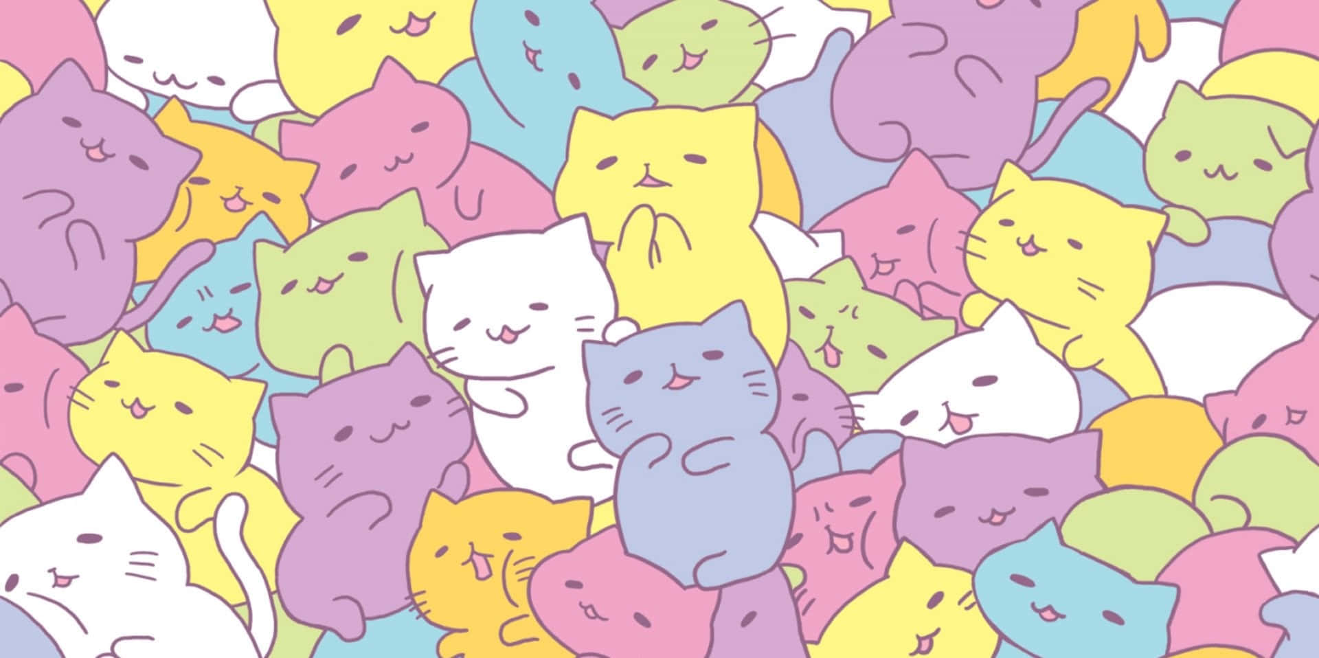 桌布 壁紙 — 一群色彩柔和、表情簡單快樂的卡通貓咪，以俏皮的圖案填滿畫面。