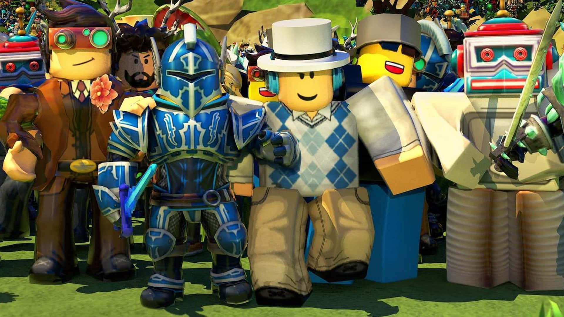 Roblox Avatar 桌布 壁紙 — 一群色彩繽紛、多樣化的 Roblox 頭像，穿著鮮豔的服裝和盔甲，在明亮的日光下一起站在草地上。