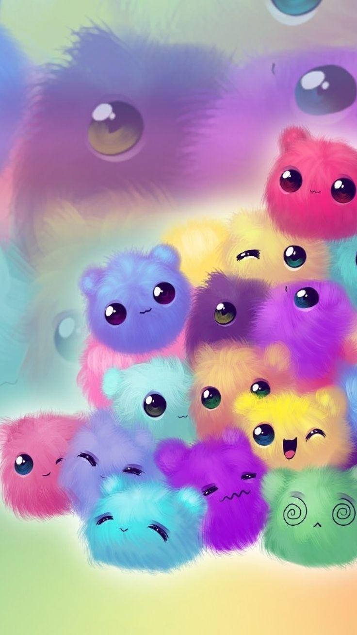 Kawaii iPhone 桌布 壁紙 — 一群色彩繽紛、毛茸茸、大眼睛的可愛生物漂浮在柔和的漸變背景上。