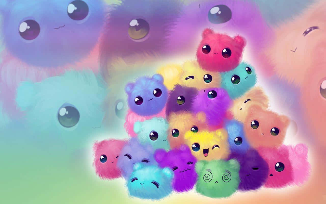 Cute Cartoon 桌布 壁紙 — 一群色彩繽紛、毛茸茸的粉彩卡通生物，有大眼睛和可愛的表情。