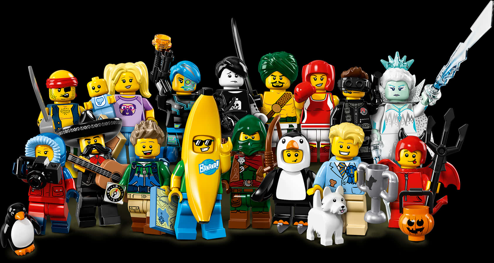 樂高 桌布 壁紙 — 一群色彩繽紛、造型各異的LEGO人偶在黑色背景前擺姿勢，手持劍、吉他和衝浪板等道具。