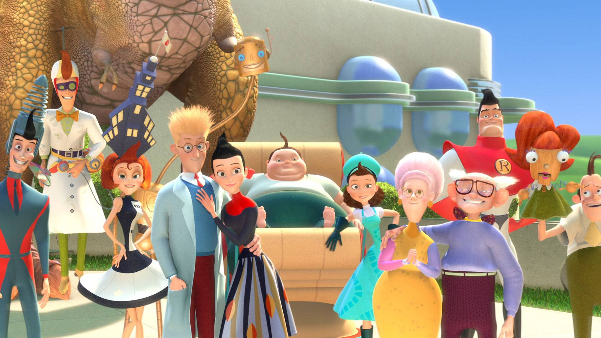 meet the robinsons 桌布 壁紙 — 一群色彩繽紛未來風格服裝的動畫角色，在戶外巨型機器人和太空船附近擺姿勢的立體3D渲染圖。