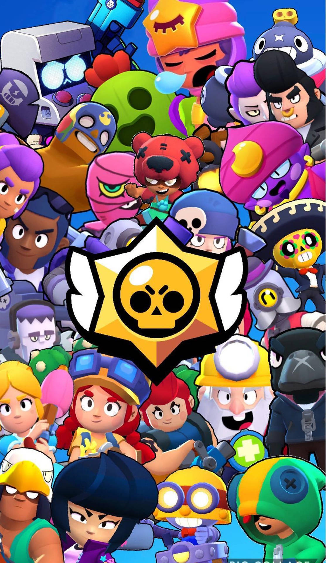 Brawl Stars 遊戲標誌被其色彩繽紛的動畫角色包圍。 — 荒野亂鬥 GIF 壁紙