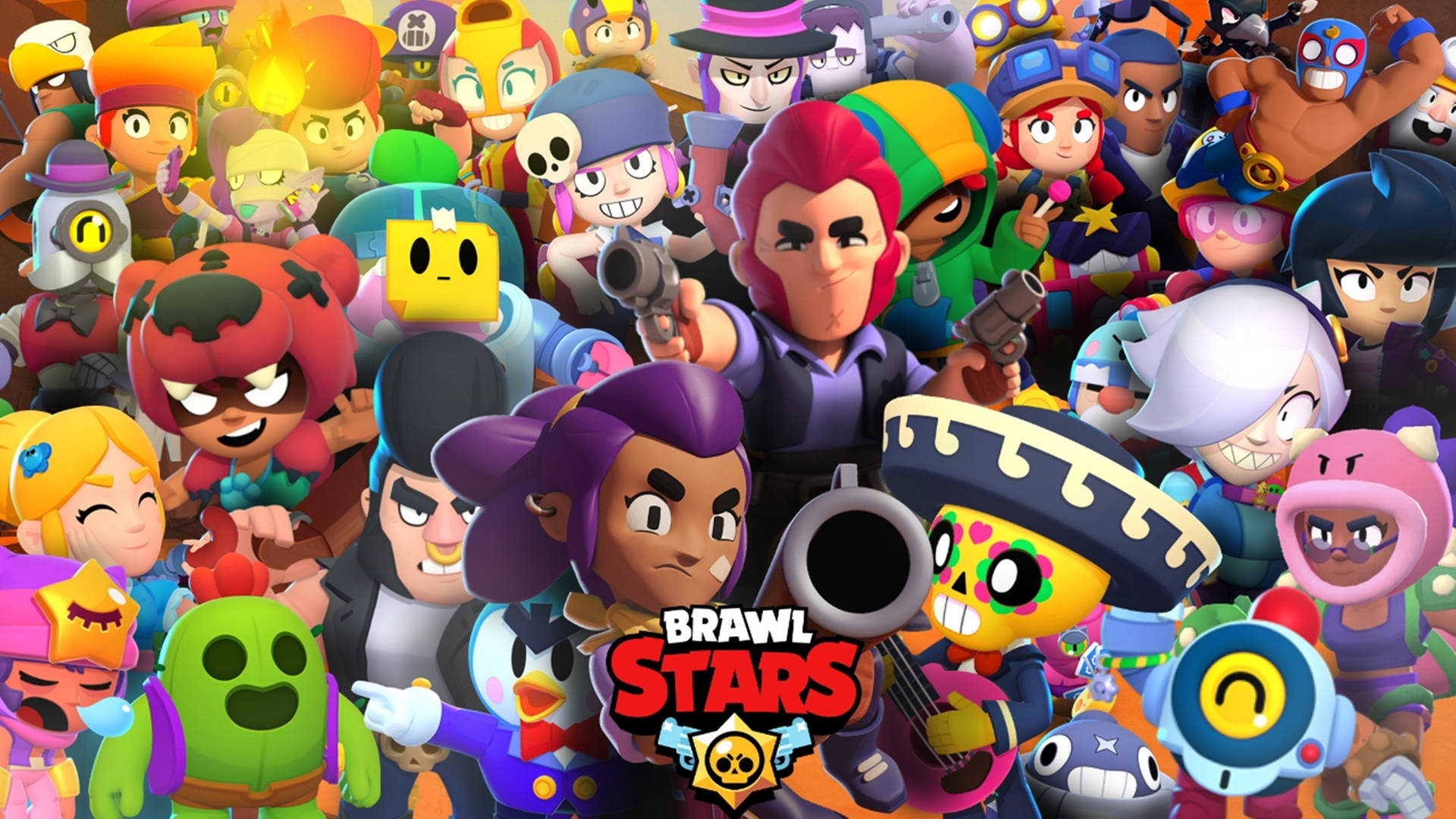 《Brawl Stars》遊戲角色組成一個充滿活力的繽紛群體。 — 荒野亂鬥 GIF 壁紙