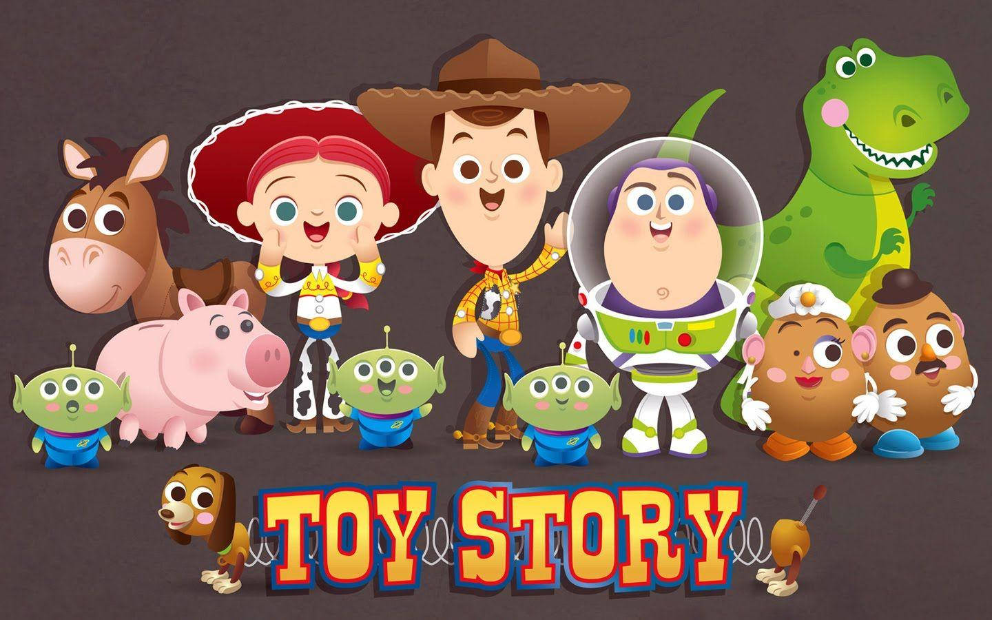 Toy Story 3 桌布 壁紙 — 一群色彩繽紛的《玩具總動員》角色，包括胡迪、巴斯光年和雷克斯，在深色背景前愉快地擺姿勢。