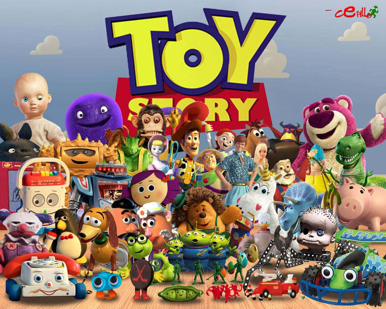 toys 桌布 壁紙 — 一群色彩繽紛的3D渲染《玩具總動員》角色在藍天白雲下聚集。