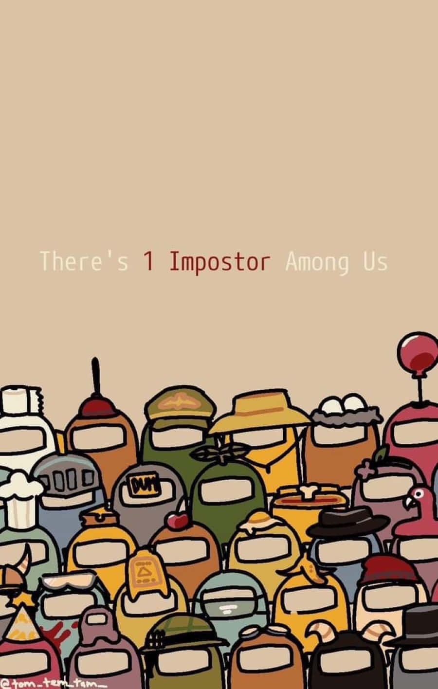Among US Cool 桌布 壁紙 — 一群色彩繽紛的Among Us角色，面無表情，戴著各式帽子，聚集在米色背景上，文字寫著There's 1 Impostor Among Us。