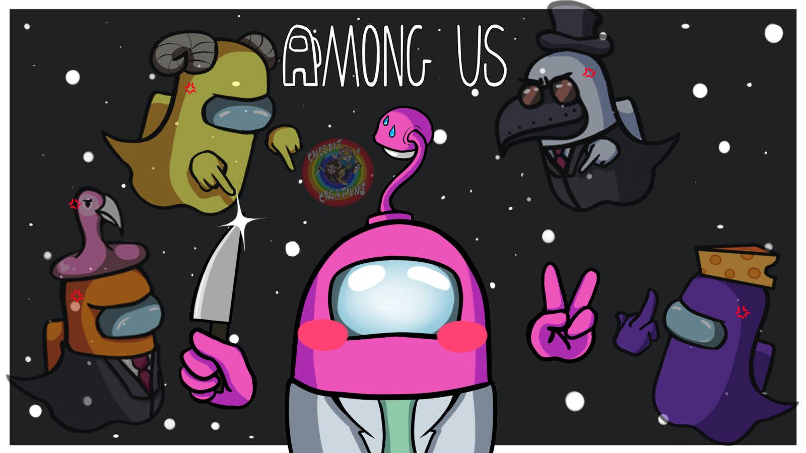 Among Us角色穿著太空衣，手持武器和和平手勢擺姿勢。 — Among US 壁紙