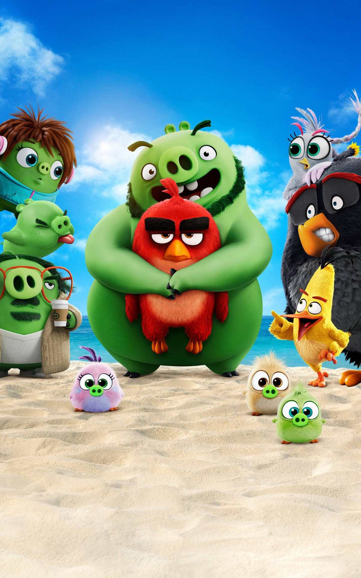 電影動圖 桌布 壁紙 — 一群色彩繽紛的Angry Birds角色在陽光明媚的海灘上聚集，背景是藍天和海洋。