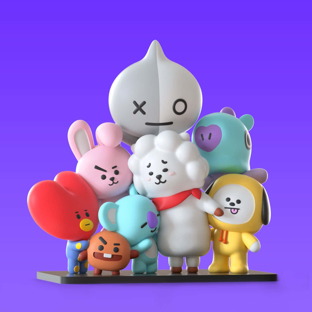 BT21 桌布 壁紙 — 一群色彩繽紛的BT21卡通人物在黑色支架上一起擺姿勢，背景為純紫色。