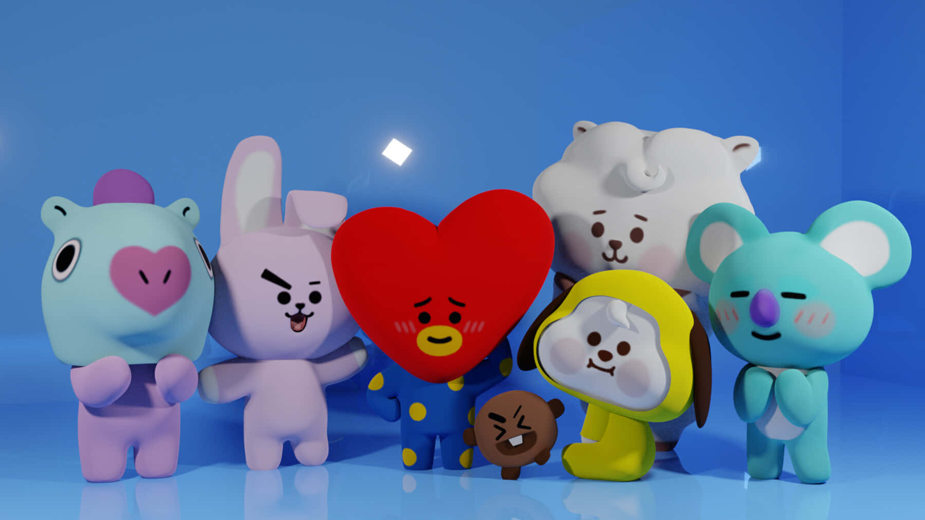 BT21 桌布 壁紙 — 一群色彩繽紛的BT21卡通角色在純藍色背景上一起擺姿勢，上方有發光的光線。