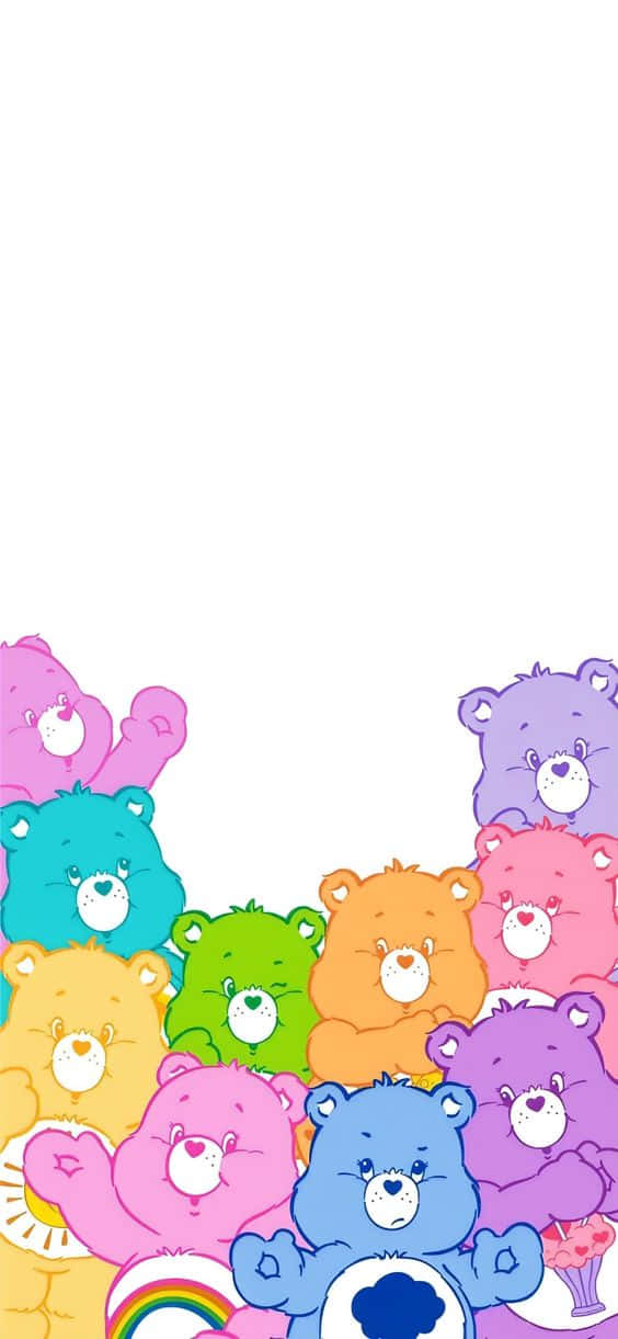 彩色動圖 桌布 壁紙 — 一群色彩繽紛的Care Bears，帶有彩虹和雲朵符號，聚集在白色背景的底部。