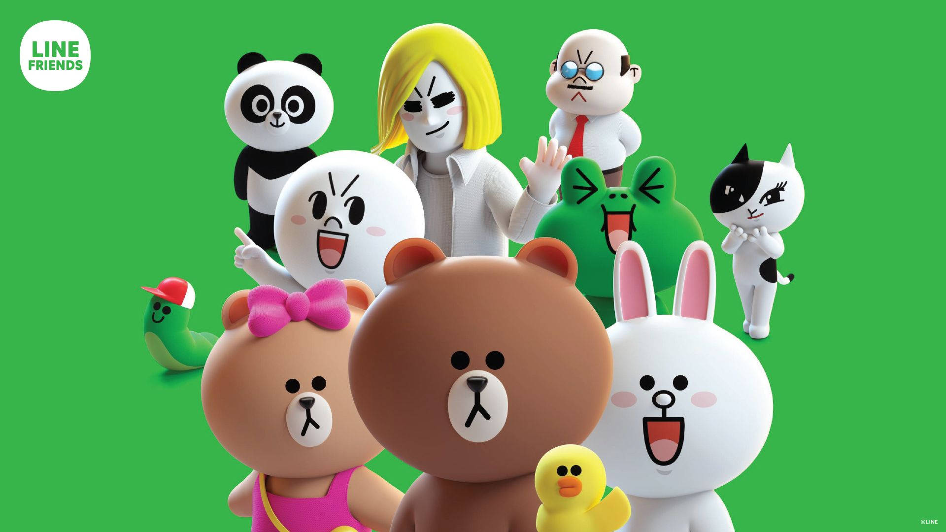 Line 桌布 壁紙 — 一群色彩繽紛的LINE FRIENDS角色在純綠色背景前擺出活潑的表情，氣氛歡樂。