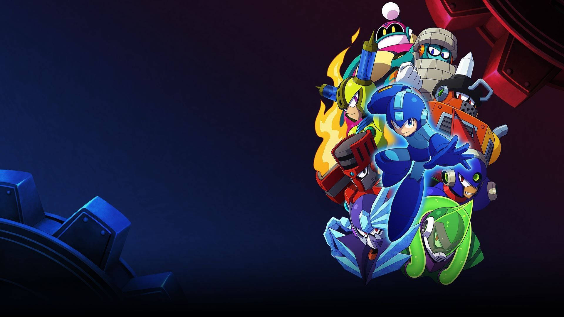 Megaman 桌布 壁紙 — 一群色彩繽紛的Mega Man角色在黑暗機械背景下英勇擺姿勢。