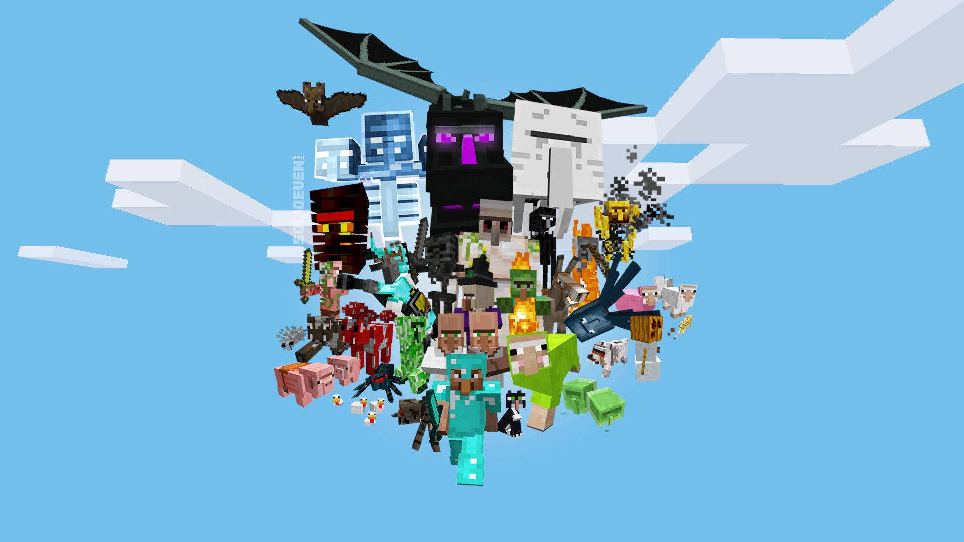 Minecraft Pc 桌布 壁紙 — 一群色彩繽紛的Minecraft角色和生物在藍天白雲中漂浮。