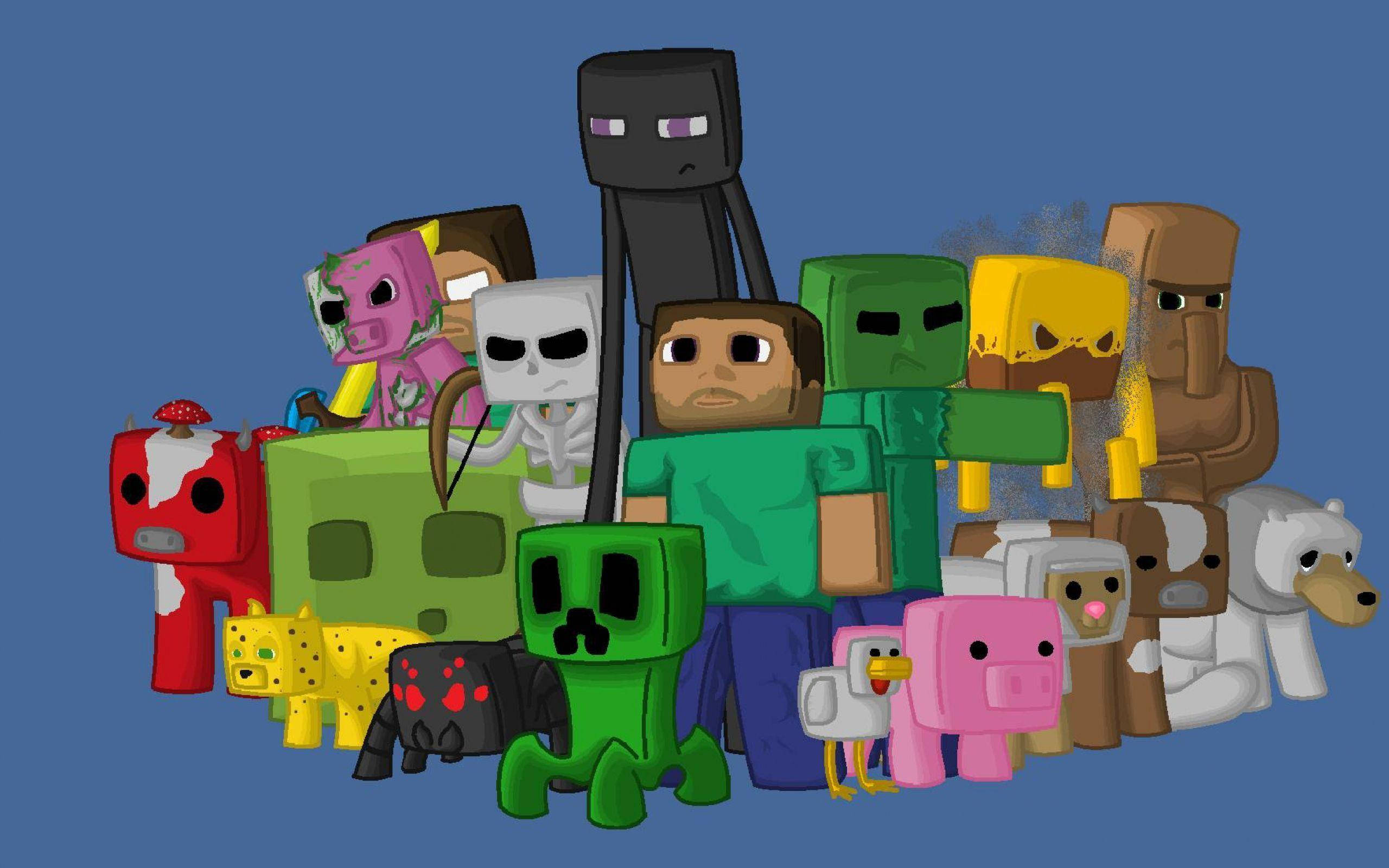 Enderman 桌布 壁紙 — 一群色彩繽紛的Minecraft角色，包括Steve、Creeper、Enderman和動物，一起站在純藍色背景前。