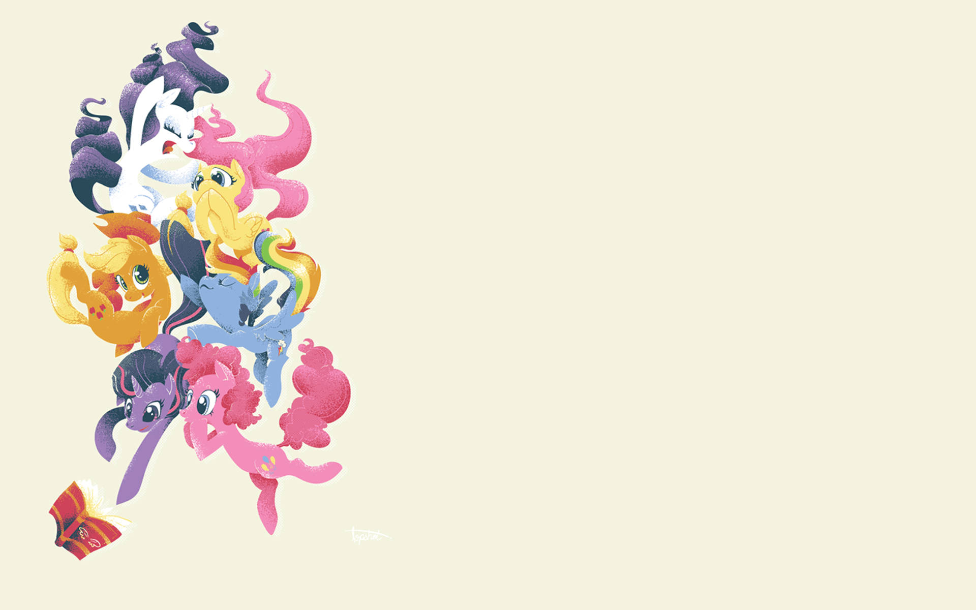my 桌布 壁紙 — 一群色彩繽紛的My Little Pony角色，擁有鮮豔的鬃毛和富表情的臉龐，襯托在柔和的米色背景上。