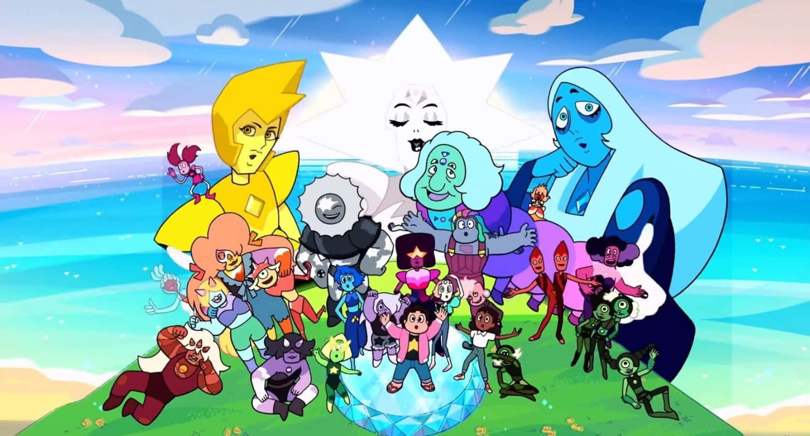 Steven Universe iPad 桌布 壁紙 — 一群色彩繽紛的動畫寶石角色聚集在一個長滿草的島嶼上，背景是星空和一顆大白星。