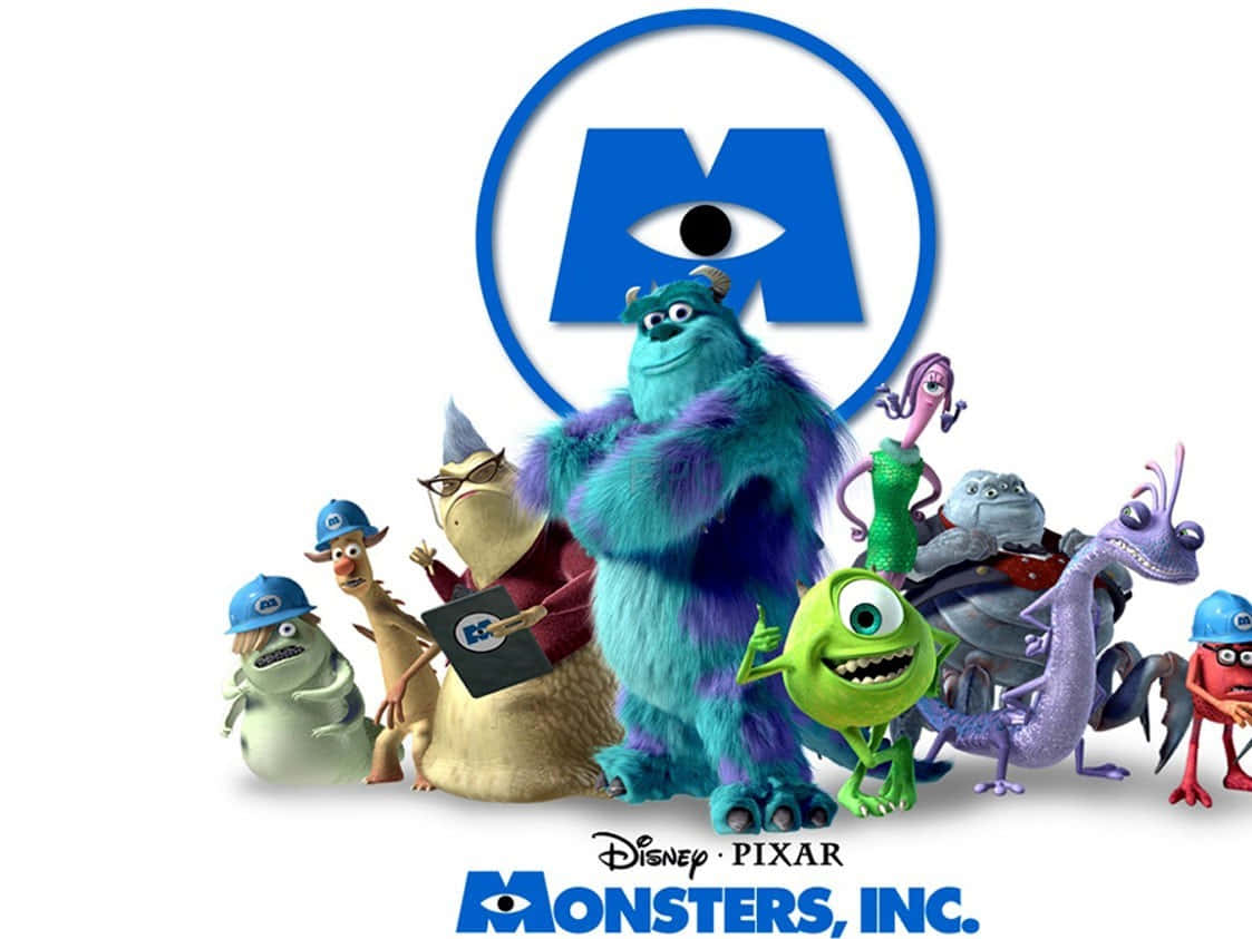 電影動圖 桌布 壁紙 — 一群色彩繽紛的動畫怪物在潔白背景上，於 Monsters Inc 標誌下歡樂地擺姿勢。