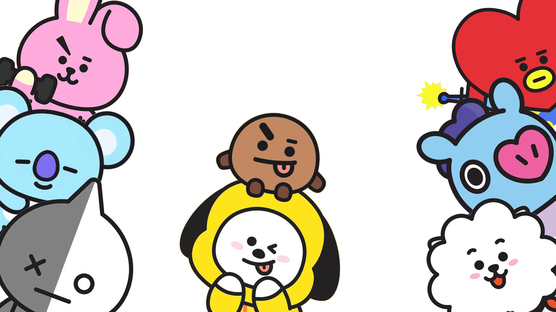 BT21 桌布 壁紙 — 一群色彩繽紛的卡通人物，表情豐富，姿勢俏皮，背景為純白色。