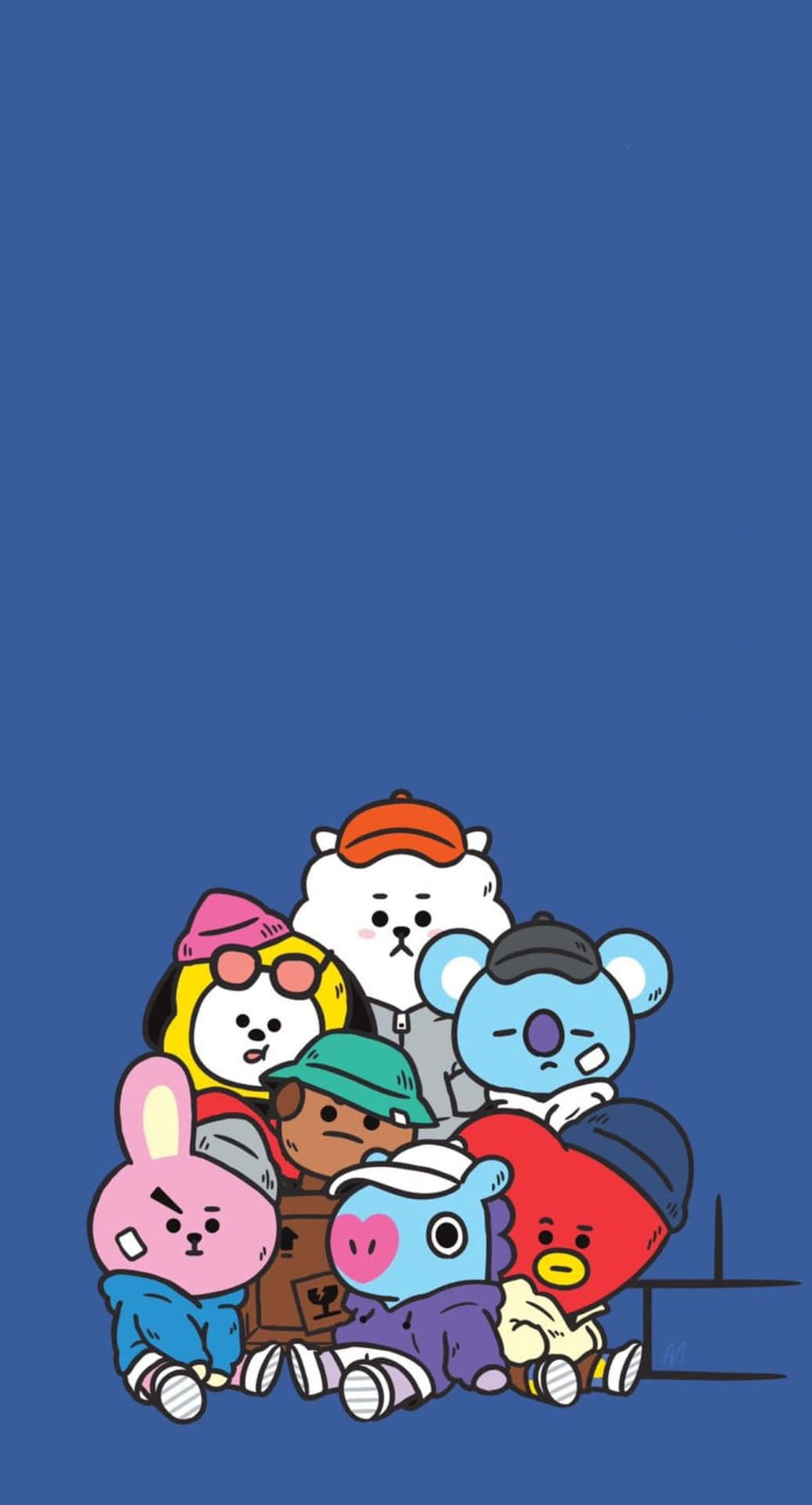 BT21 桌布 壁紙 — 一群色彩繽紛的卡通動物角色穿著休閒服裝，擠在一起，背景是純藍色。