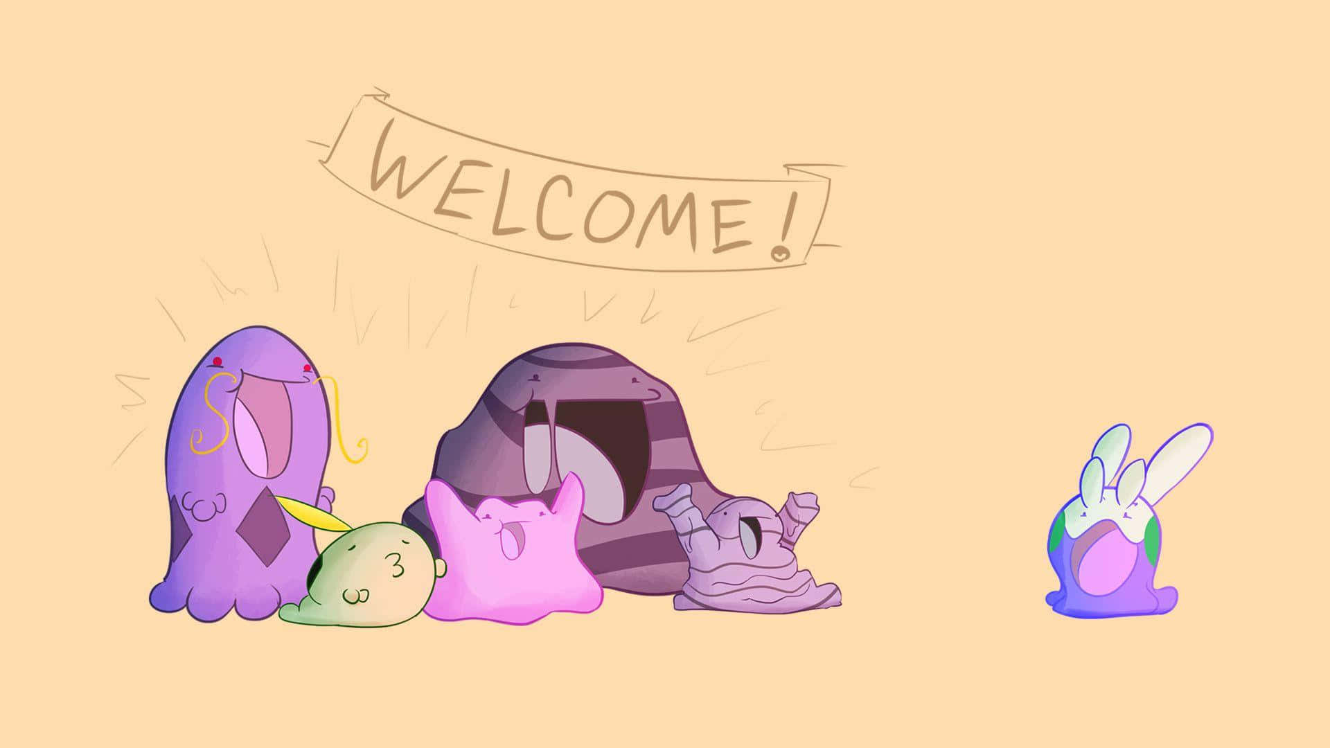 Pokemon Aesthetic 桌布 壁紙 — 一群色彩繽紛的卡通史萊姆在溫暖的柔和燈光下，舉著橫幅歡迎觀眾。