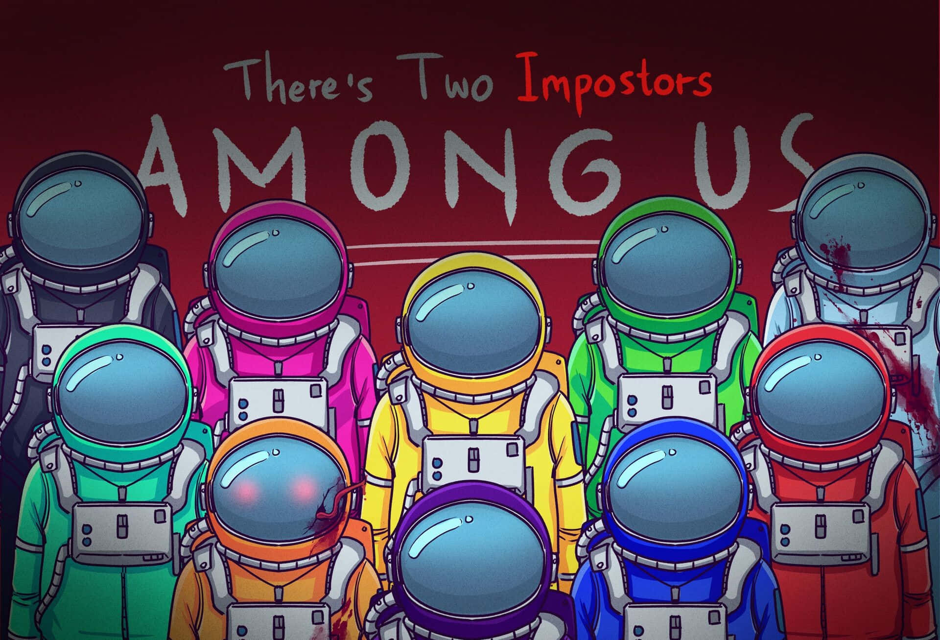Among US Cool 桌布 壁紙 — 一群色彩繽紛的卡通太空人身處紅色房間，文字寫著「There's Two Impostors AMONG US」。