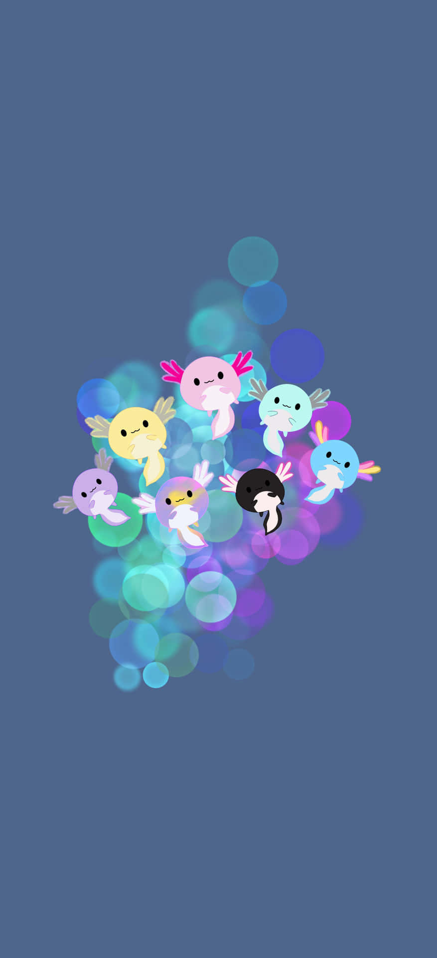 一群可愛的卡通蠑螈（有翅膀）在彩色散景燈光中漂浮。 — Squishmallows 壁紙