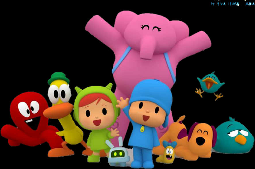 Cartoon Characters 桌布 壁紙 — 一群色彩繽紛的卡通角色，包括Pocoyo和朋友們，在黑色背景前開心地擺姿勢。