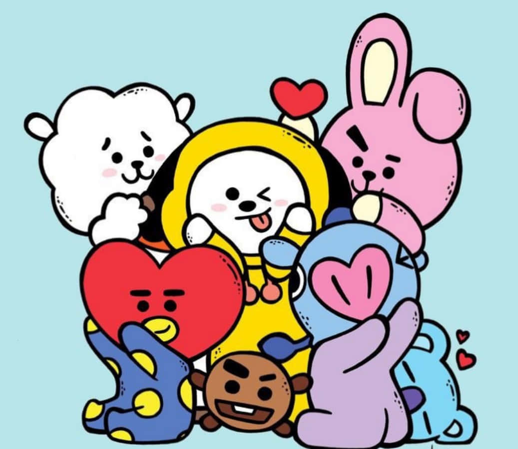 BT21 桌布 壁紙 — 一群色彩繽紛的卡通角色在淺藍色背景上擁抱，並帶有心形圖案。
