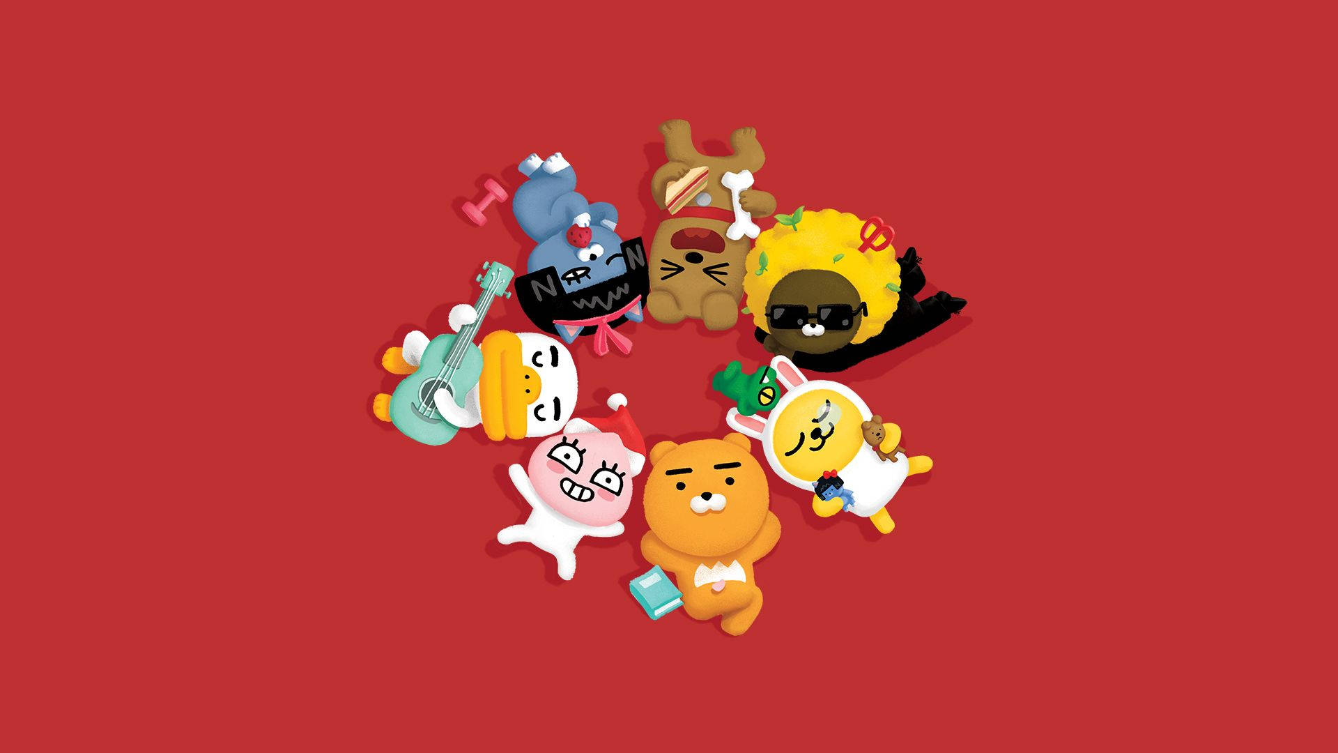 Kakao 桌布 壁紙 — 一群色彩繽紛的卡通角色在純紅色背景前擺出俏皮姿勢。