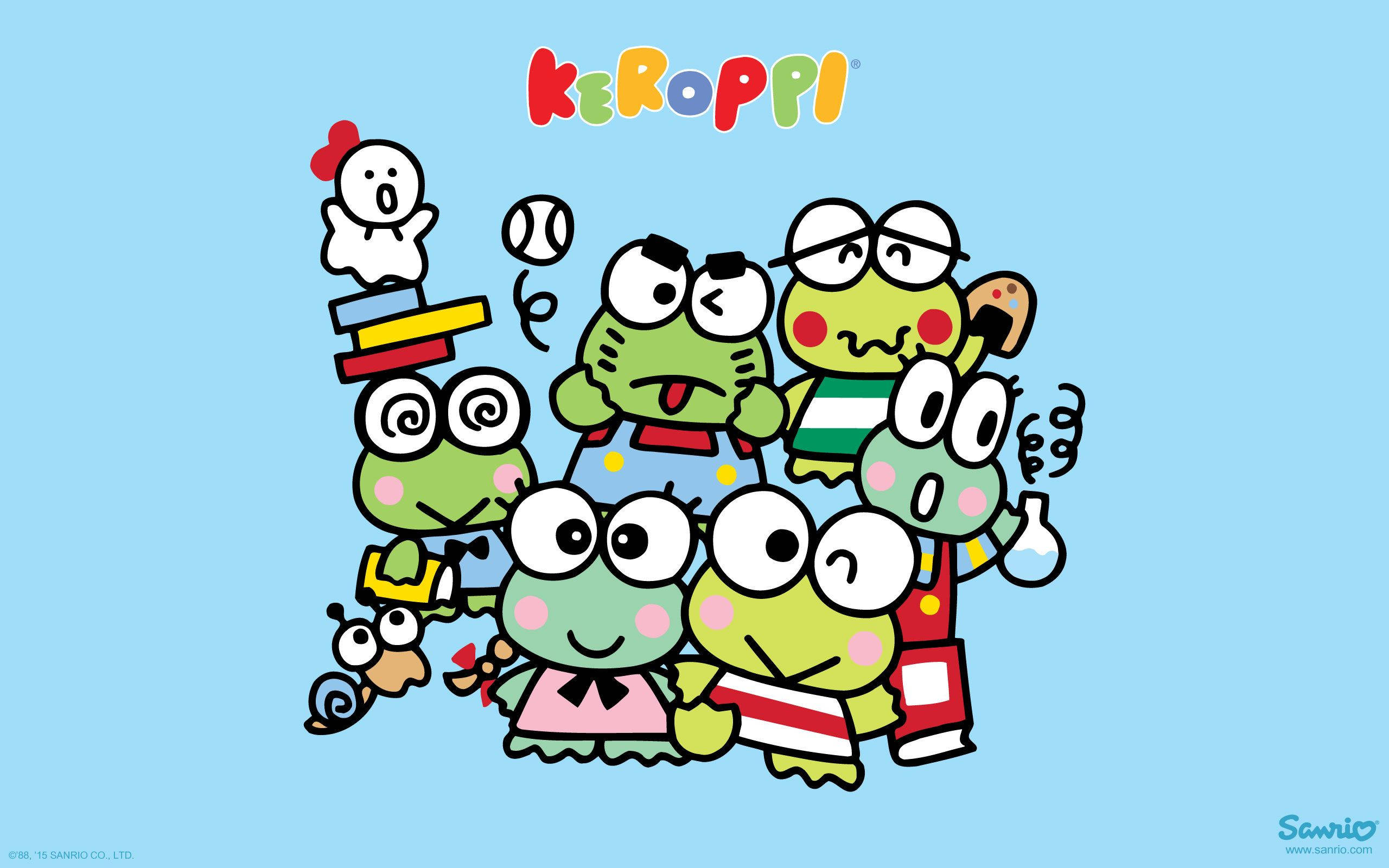Keroppi 桌布 壁紙 — 一群色彩繽紛的卡通青蛙和一個幽靈在淺藍色背景上頑皮地堆疊在一起。