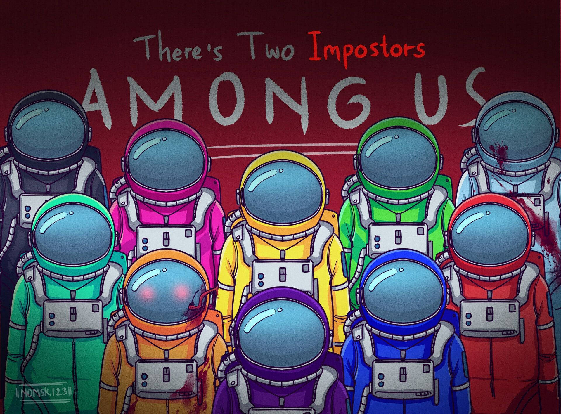 Among US 4K 桌布 壁紙 — 一群色彩繽紛的太空人在紅色房間內，上方有文字 'There's Two Impostors AMONG US'。