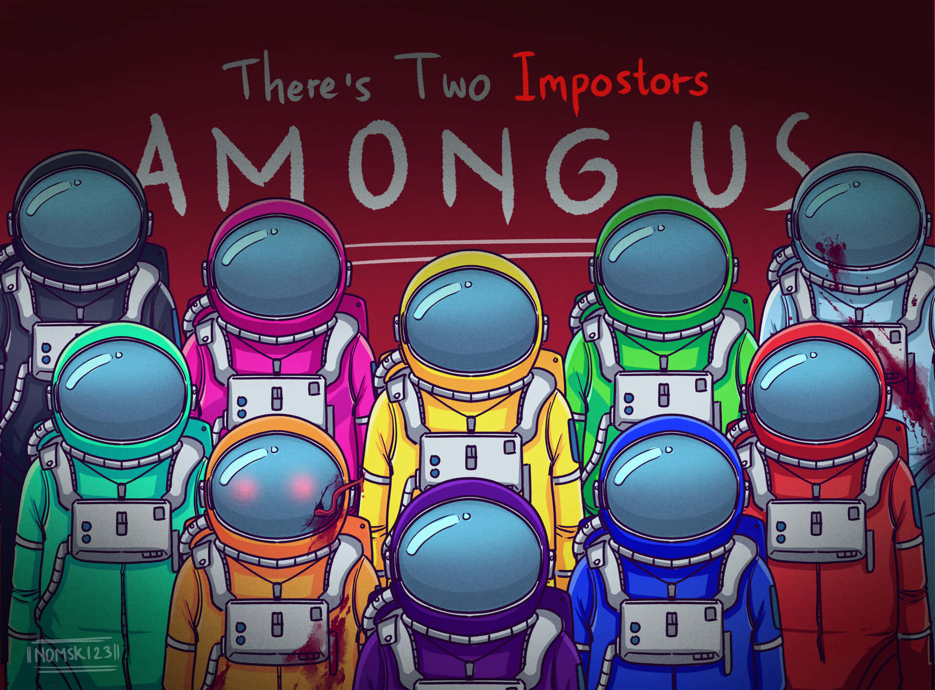 色彩繽紛的太空人在紅色房間內，文字 'There's Two Impostors AMONG US'。 — Among US 壁紙