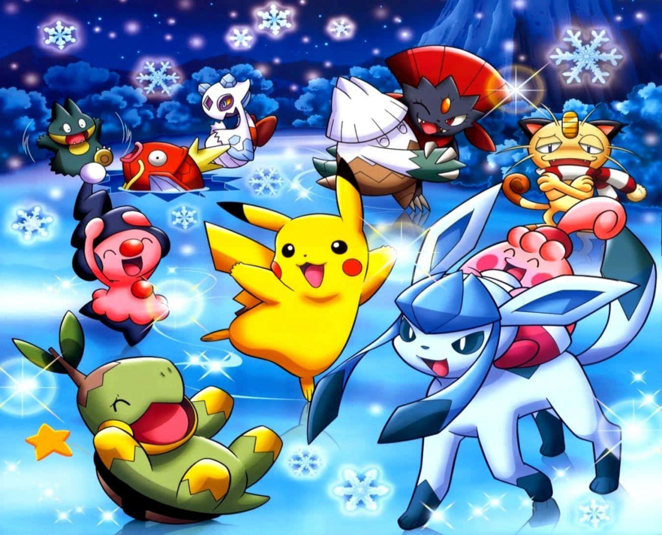 Pokemon Christmas 桌布 壁紙 — 一群色彩繽紛的寶可夢在閃爍的雪夜天空中嬉戲，空中充滿發光的雪花。