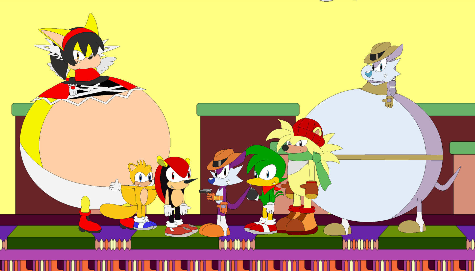 Mighty The Armadillo 桌布 壁紙 — 一群色彩繽紛的擬人化卡通角色在一個風格化的室內環境中一起擺姿勢，背景是鮮豔的黃色牆壁和圖案地板。
