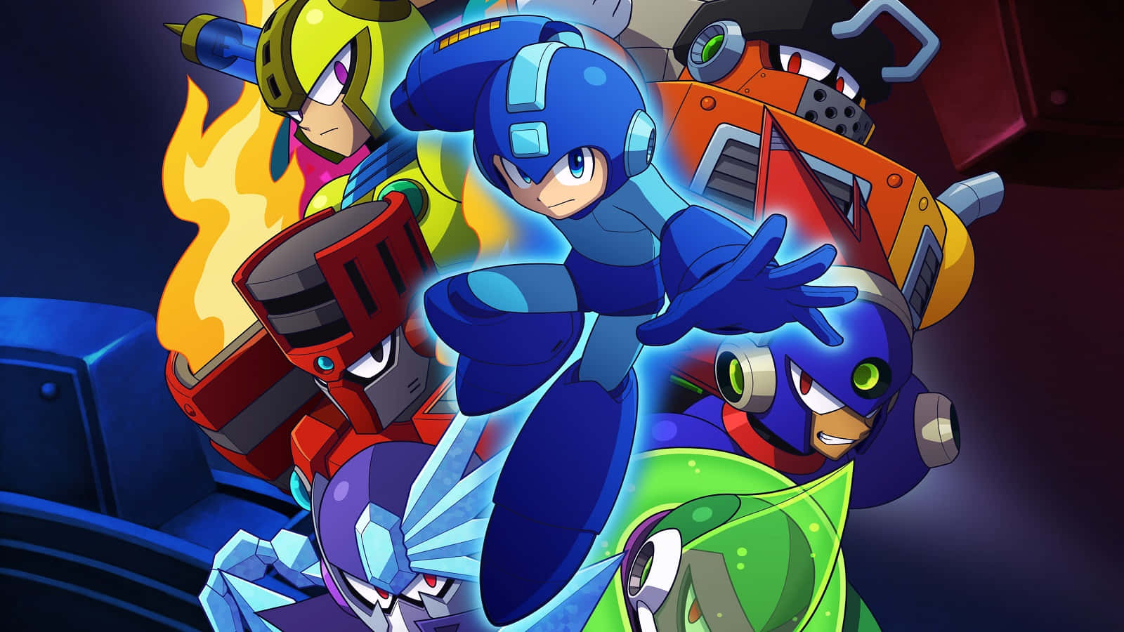 Megaman 桌布 壁紙 — 一群色彩繽紛的機器人英雄與反派在充滿活力的動漫風格動作場景中動態展現。