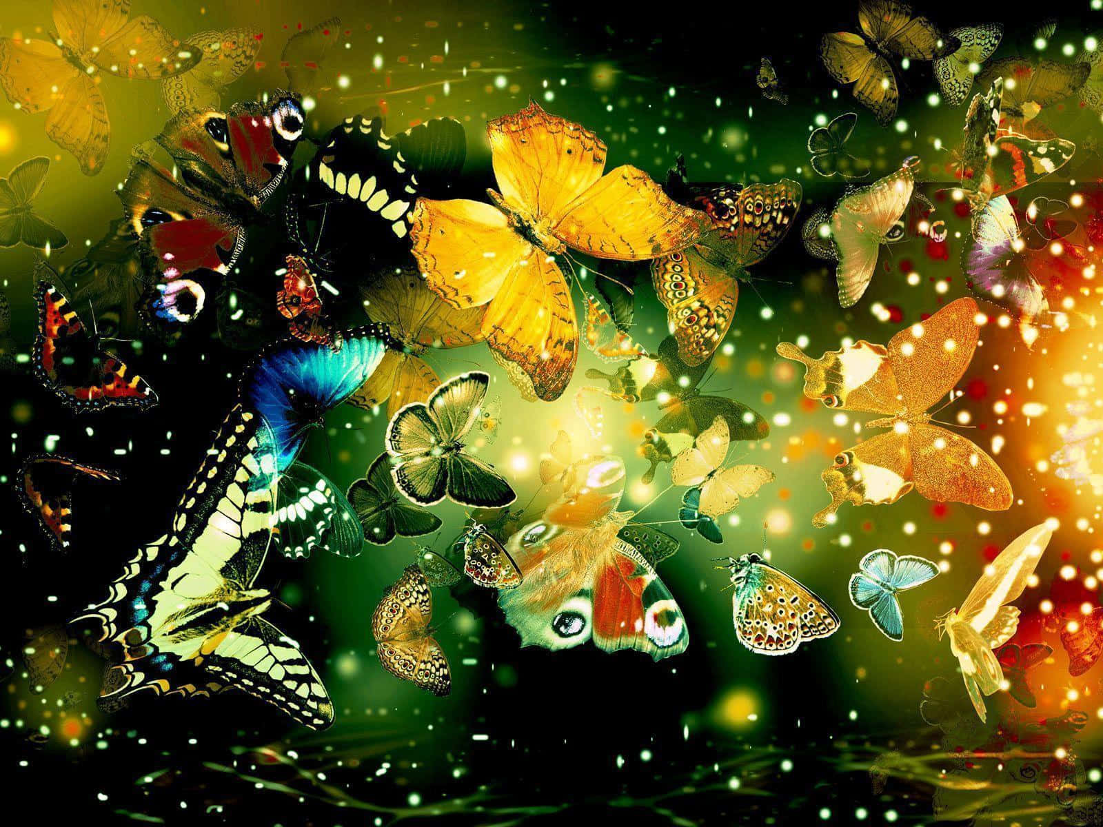 Butterfly Desktop 桌布 壁紙 — 一群色彩繽紛的蝴蝶伴隨著發光粒子，在深色漸變背景上旋轉舞動。