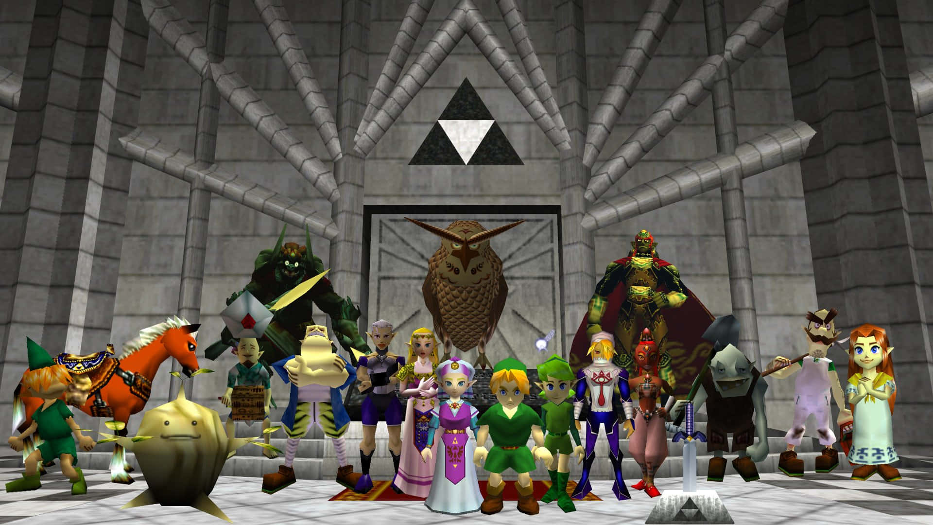 The Legend Of Zelda Characters 桌布 壁紙 — 一群色彩繽紛的電子遊戲角色站在一個宏偉的石廳中，大門上方有Triforce標誌。