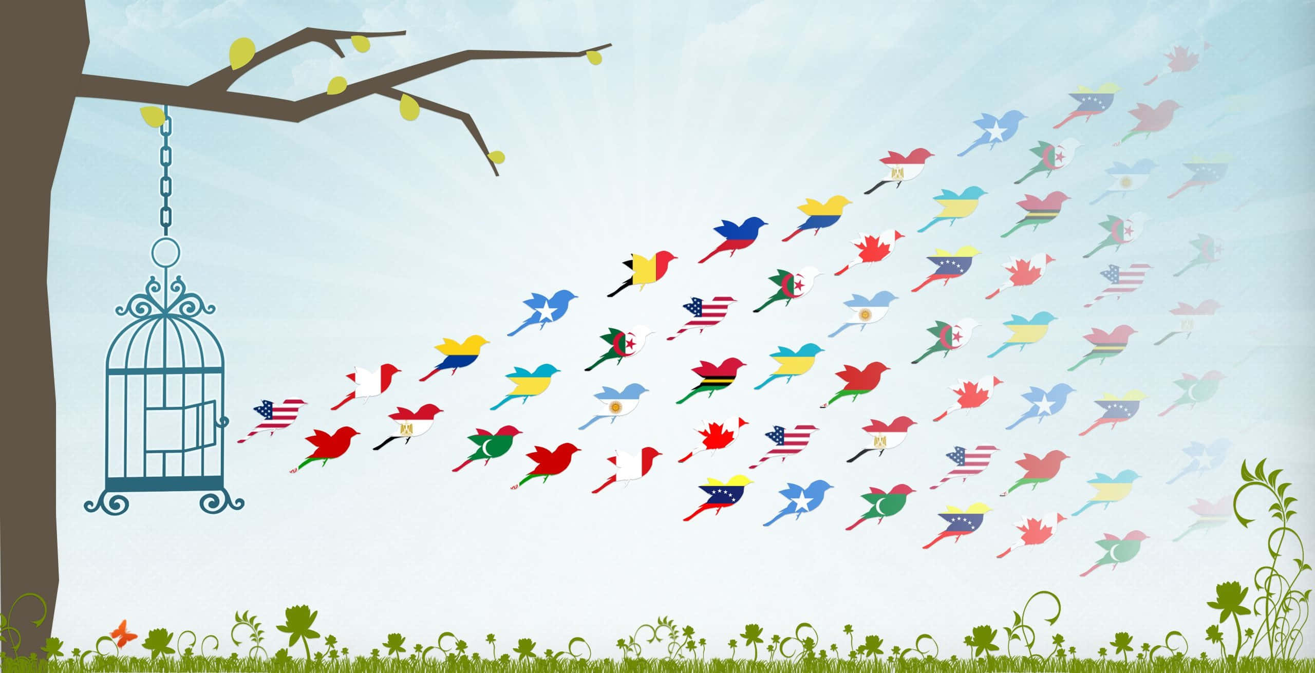 Independence Day 桌布 壁紙 — 一群色彩繽紛的鳥兒，每隻都帶有國旗，從懸掛在樹枝上的華麗開放鳥籠中自由飛出。