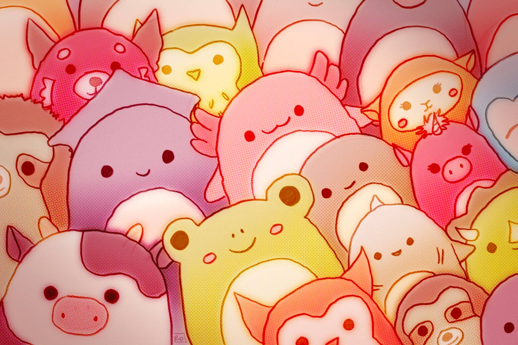 一組以柔和粉彩顏色呈現的笑臉卡通動物。 — Squishmallows 壁紙